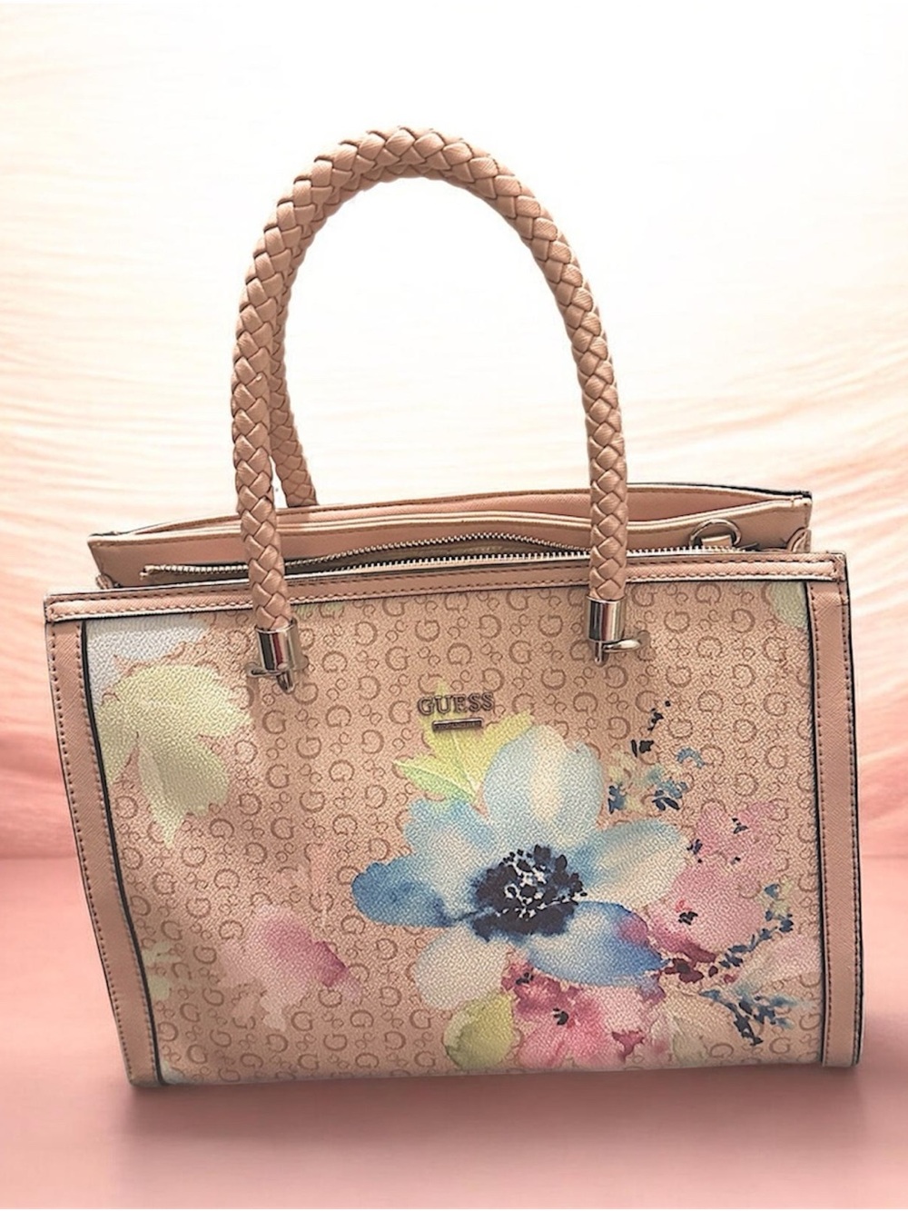 GUESS Pink Floral Logo Satchel with Braided Handles